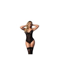 Shadow Stripe & Lace Teddy w/Hook & Eye Closure Black